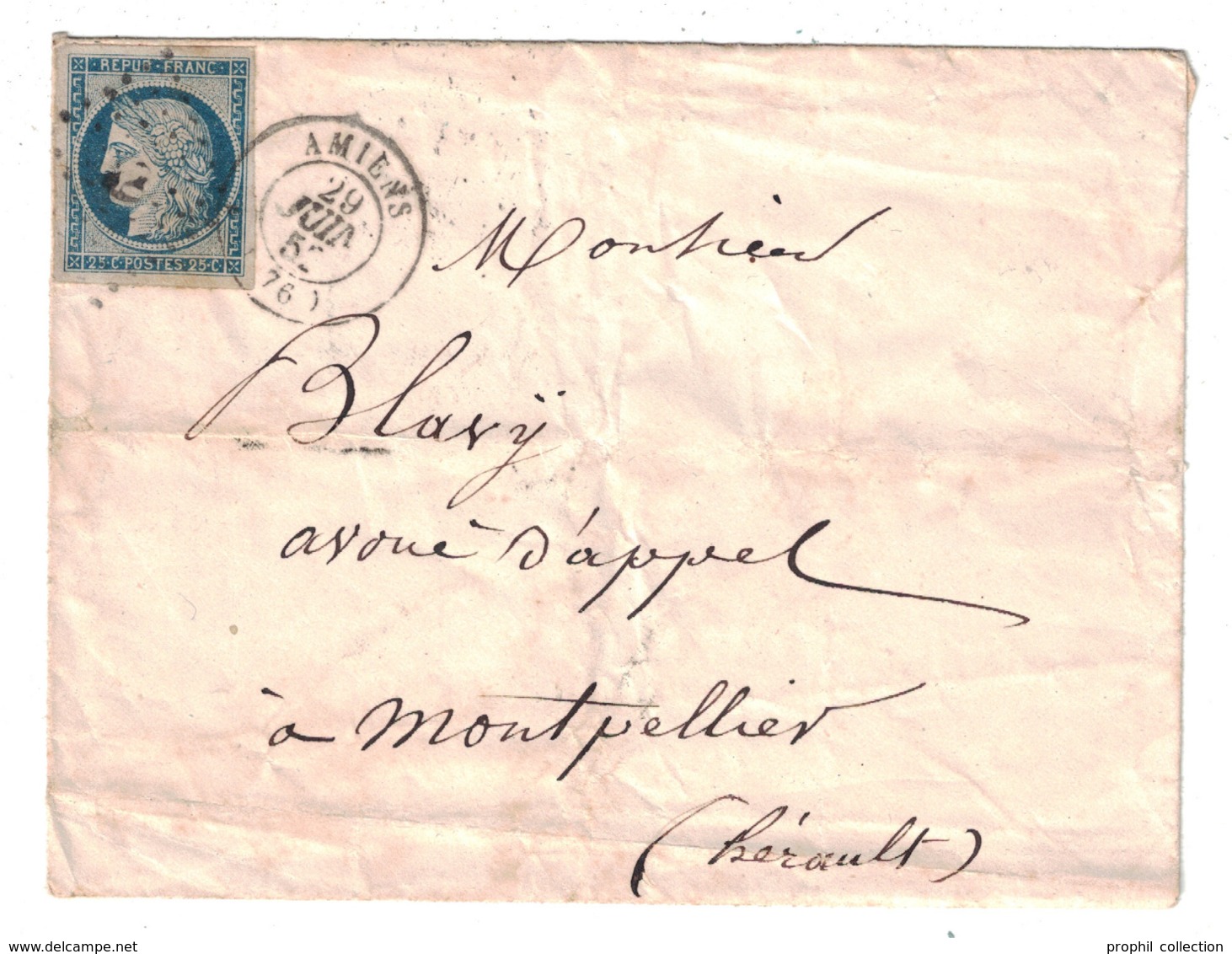 CERES N° 4 (4 GRANDES MARGES) OBL. PC 64 + CAD 1852 De AMIENS Sur LETTRE Pour MONTPELLIER HERAULT CACHET DE ROUTE AU DOS - 1849-1850 Ceres