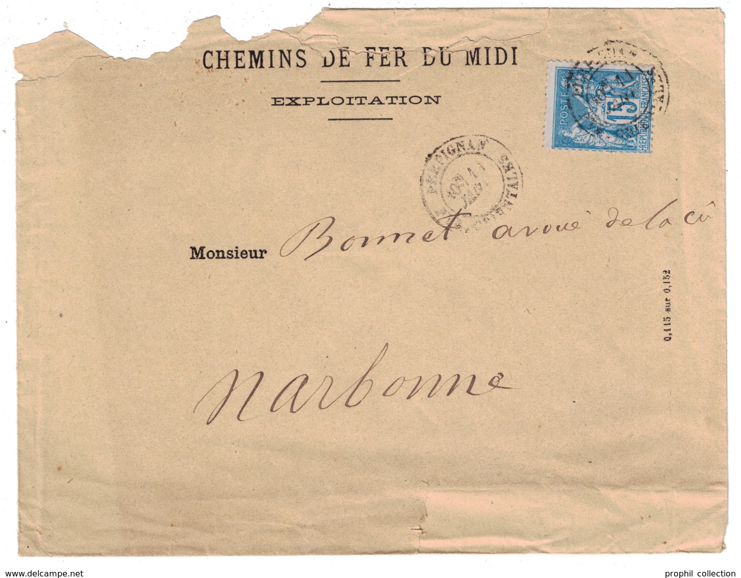 1881 - CACHET ROUGE (D'ENTRÉE) " ESPAGNE CERBERE / NARBONNE " Sur LETTRE SAGE De PERPIGNAN ENTETE CHEMIN DE FER DU MIDI - 1877-1920: Période Semi Moderne