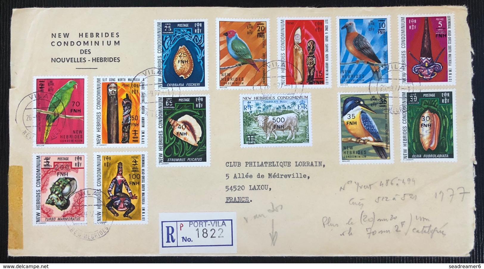 Nouvellles Hebrides Legendes Anglaises Lettre Avec Differentes Valeurs De La Serie Surchargée De 1977 !! - Lettres & Documents