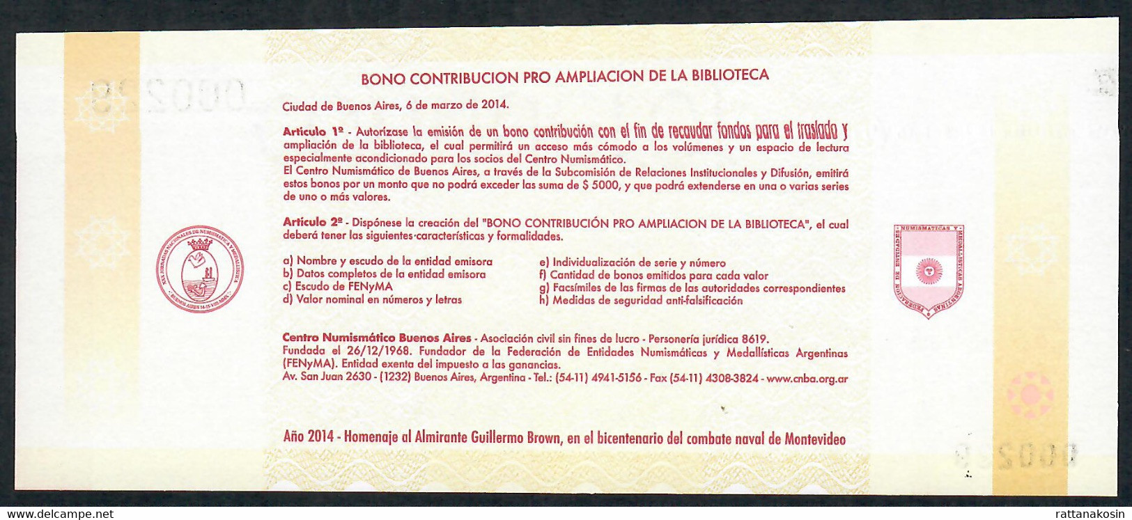 ARGENTINA BONO Contribution NLP  20 Pesos 2014  #000229   UNC. - Argentine