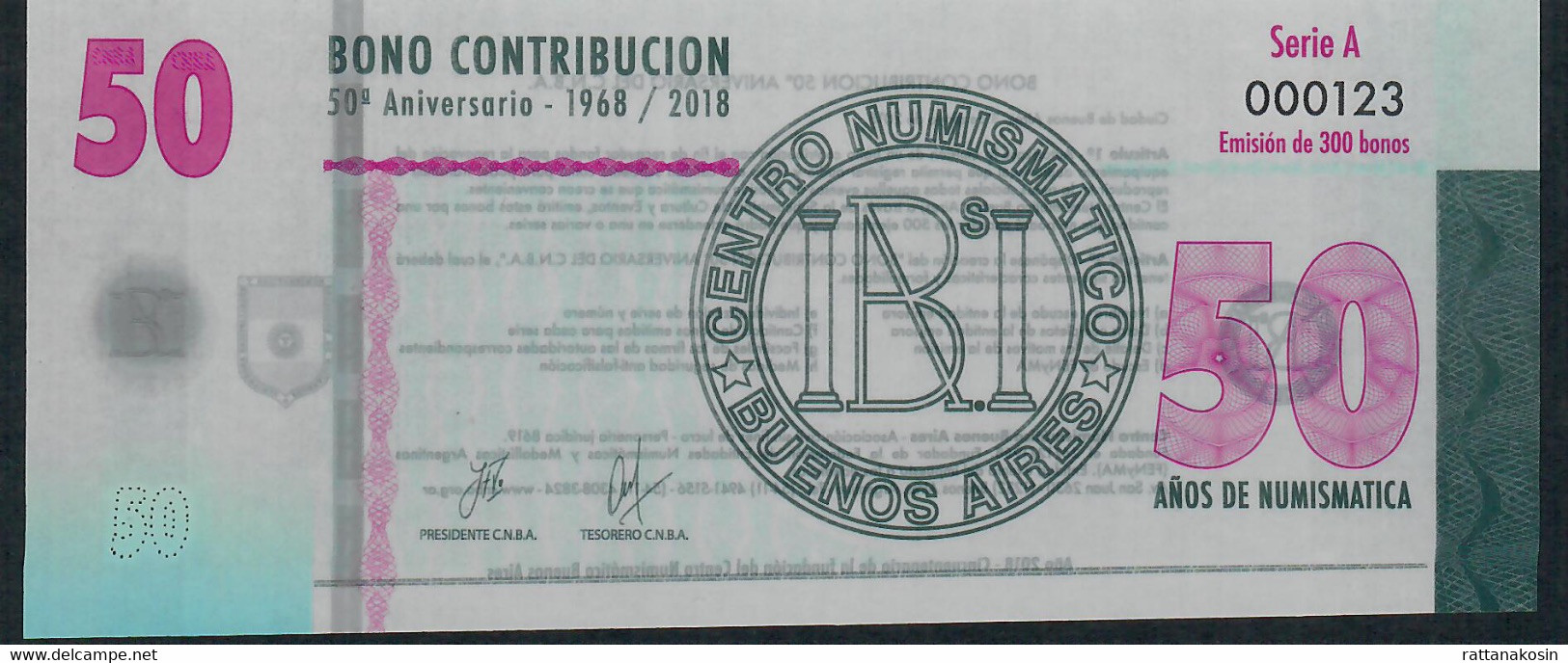 ARGENTINA BONO 50 Anos Numismatica NLP  50 PESOS 2014 Série A  #000123  UNC. - Argentine