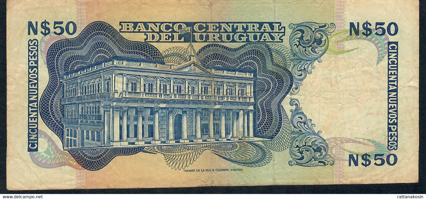 URUGUAY RARE P59 50 Nuevos Pesos 1975 Serie A Signature 14a  VF Folds NO P.h. - Uruguay