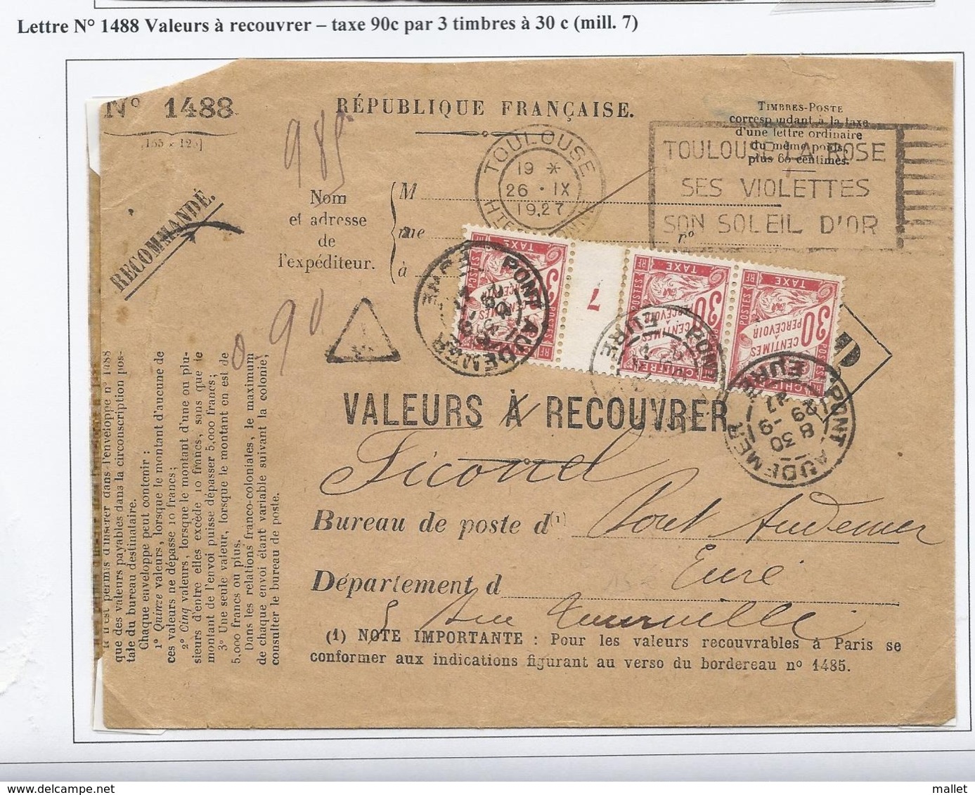 Lettre Valeurs à Recouvrer - Pont Audemer - 1927 - Taxée Par 3 Timbres à 30 Cts Mill 7 - 1859-1959 Cartas & Documentos