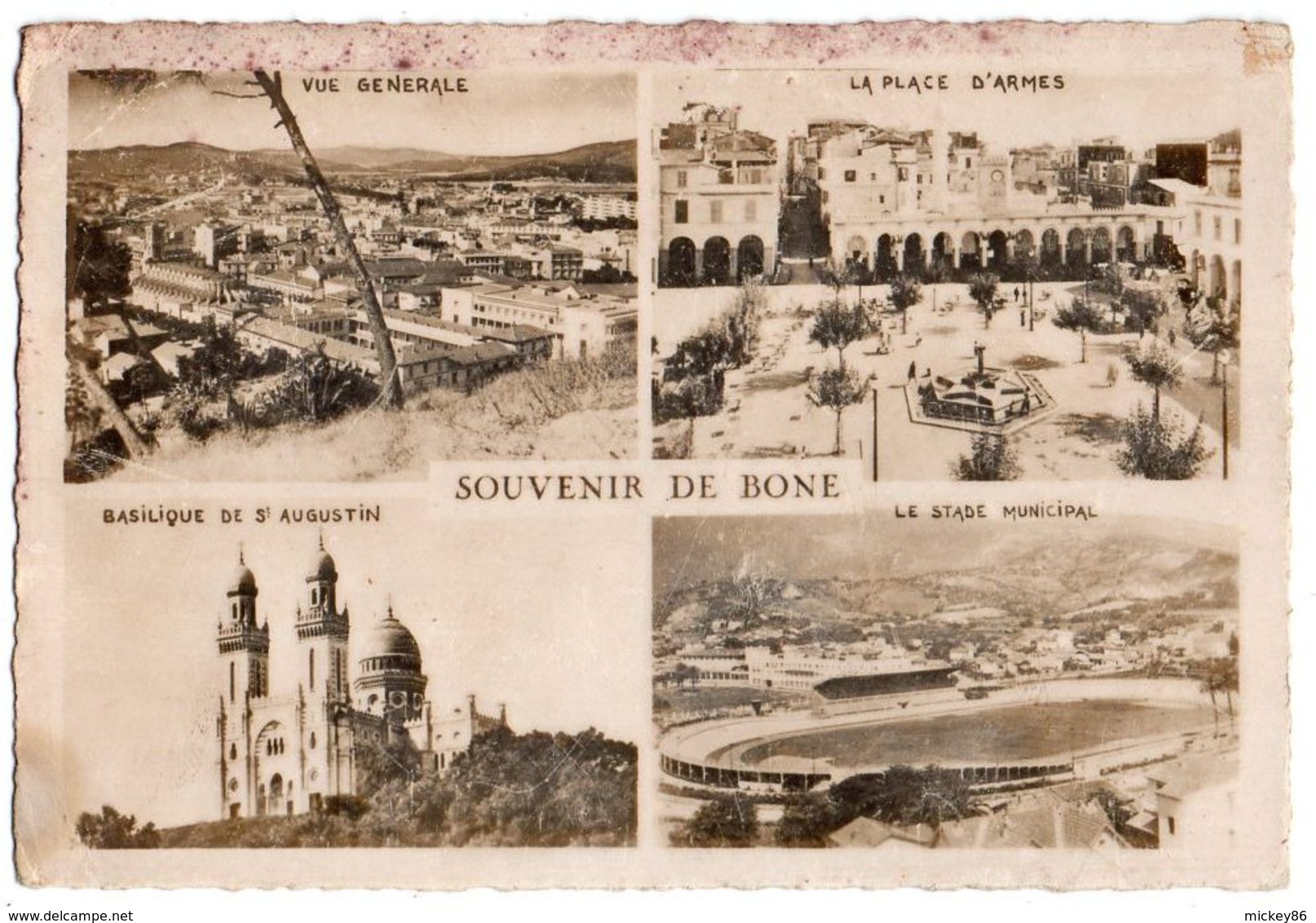 Algérie -- BONE -ANNABA -1951- Souvenir De Bône--Mutivues (place,basilique,stade Municipal Foot) - Annaba (Bône)