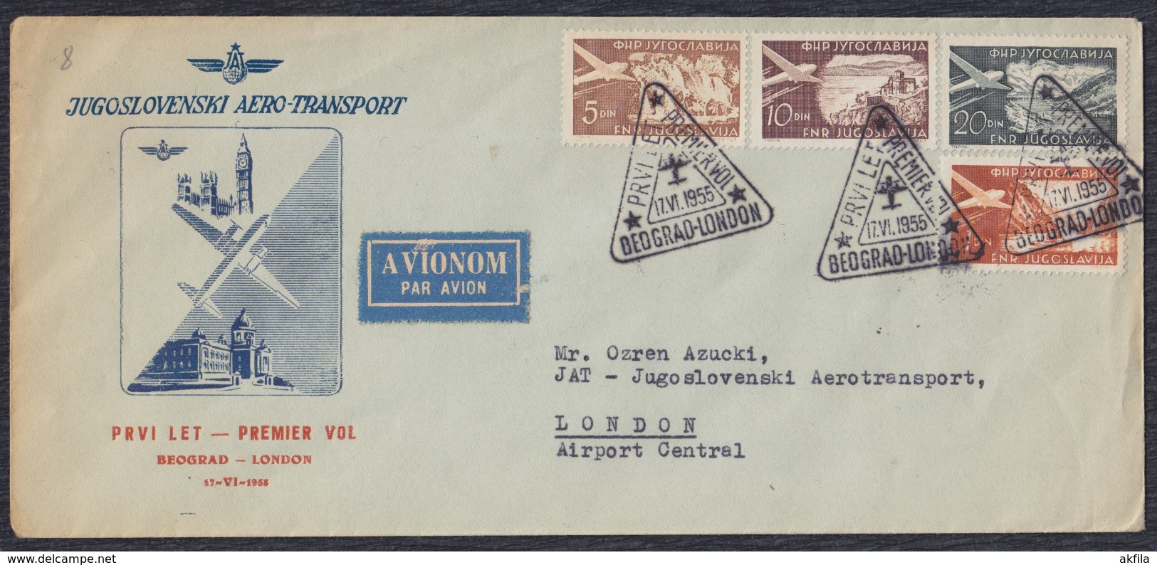 Yugoslavia 1955 First Flight Beograd - London, Commemorative Airmail Letter - Covers & Documents