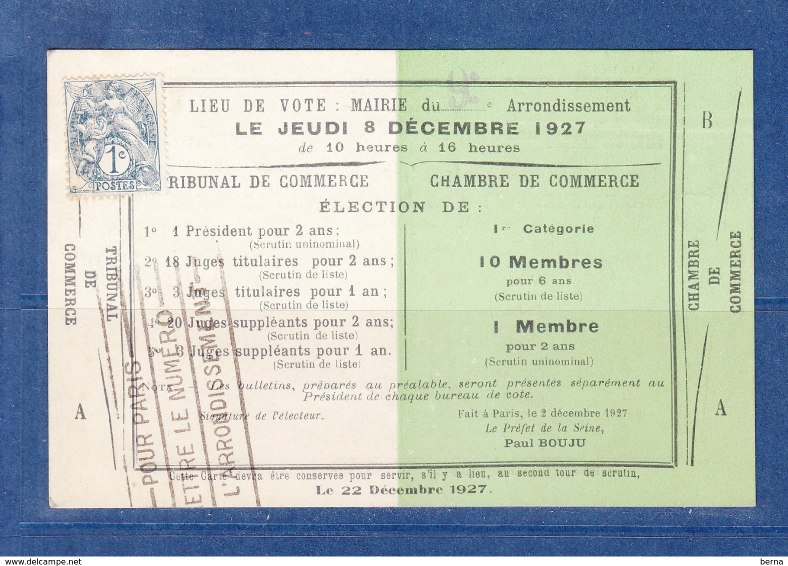 FRANCE 107 SUR CARTE ELECTEUR TRIBUNAL DE COMMERCE - 1900-29 Blanc