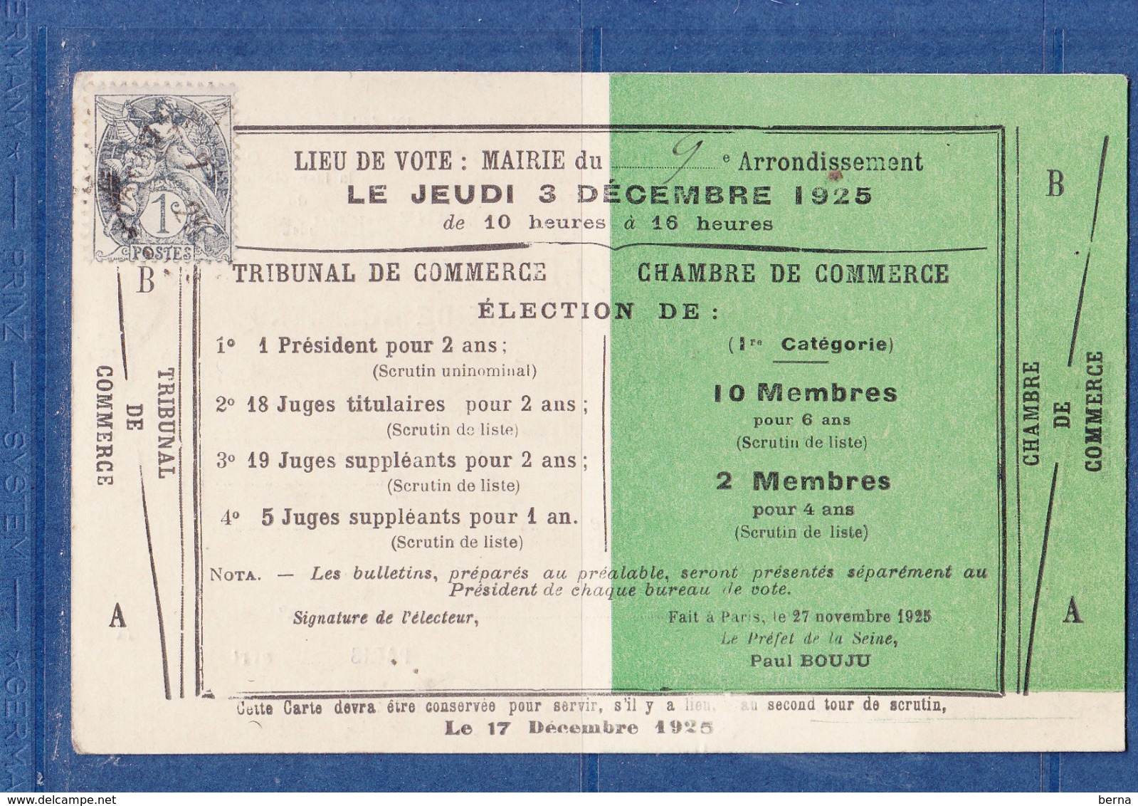 FRANCE 107 SUR CARTE ELECTEUR TRIBUNAL DE COMMERCE - 1900-29 Blanc