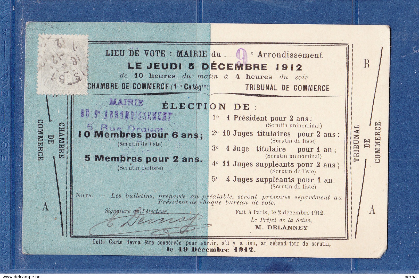 FRANCE 107 SUR CARTE ELECTEUR TRIBUNAL DE COMMERCE - 1900-29 Blanc
