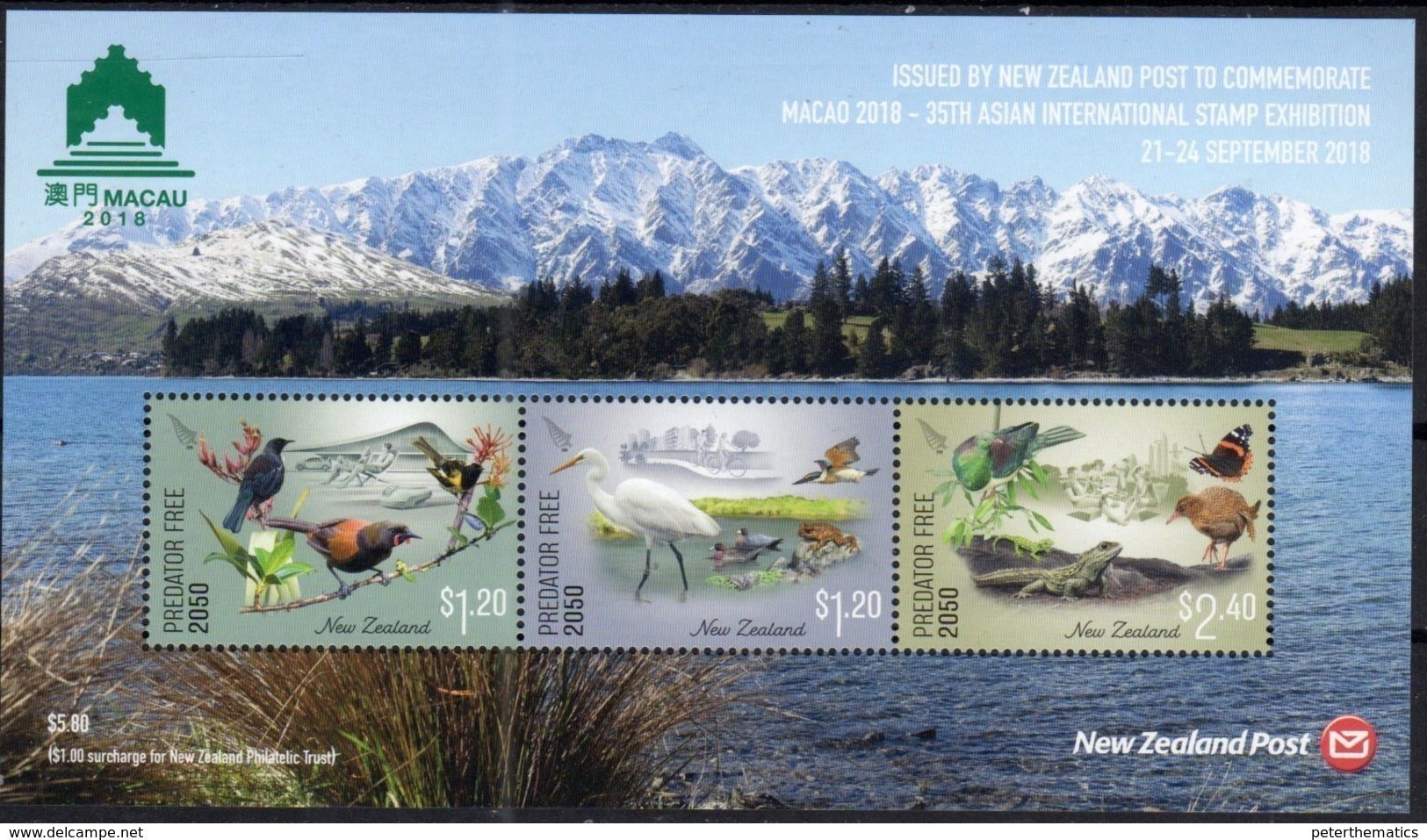 NEW ZEALAND, 2018, MNH, PREDATOR FREE2050, MACAO EXHIBITION, BIRDS, REPTILES,LIZARDS, FROGS, BUTTERFLIES, MOUNTAINS, SLT - Other & Unclassified