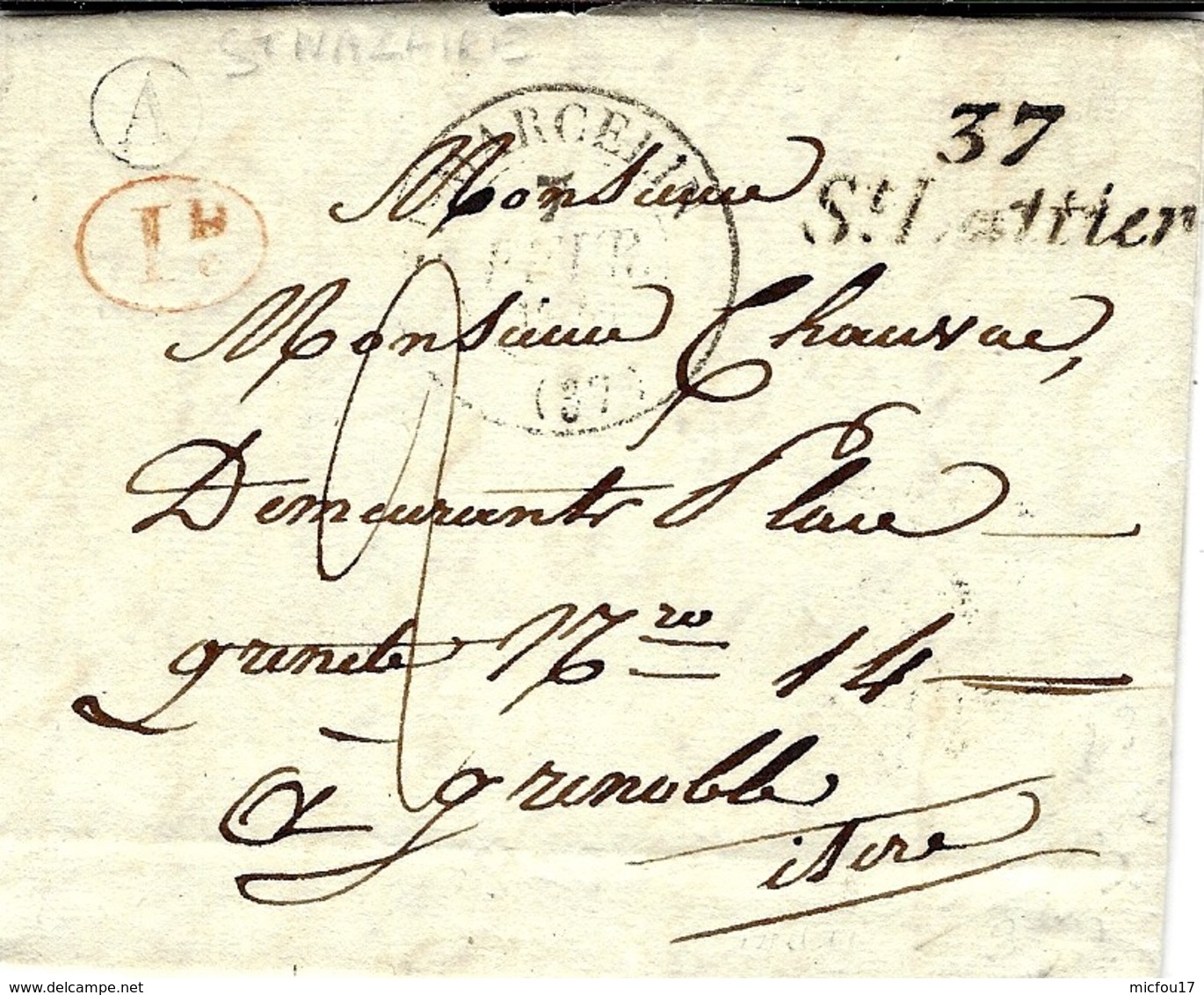 1841- Cursive  37 / St Lattier  + T12 ST MARCELLIN  ( Isère ) + A - Boite Rurale De St Nazaire - 1801-1848: Precursores XIX