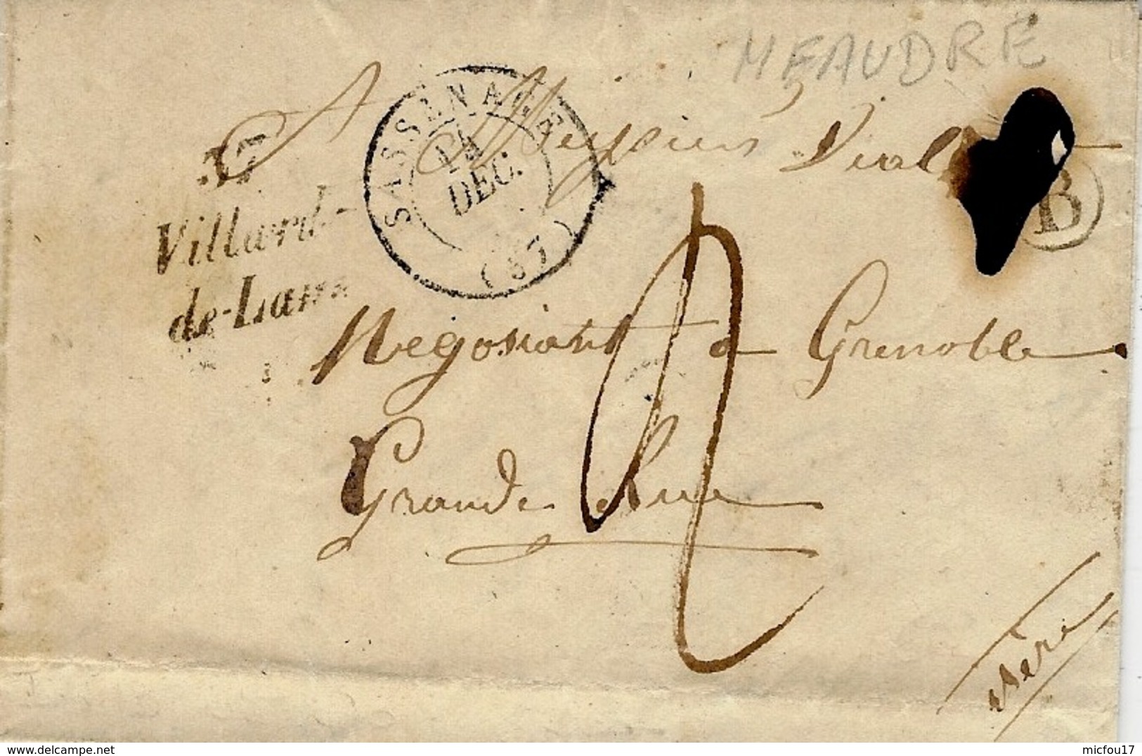 1848-cursive  37 / Villard-/de-Lans  + T15 Sassenage ( Isère ) + B Meaudre (Boite Rurale ) - 1801-1848: Precursores XIX