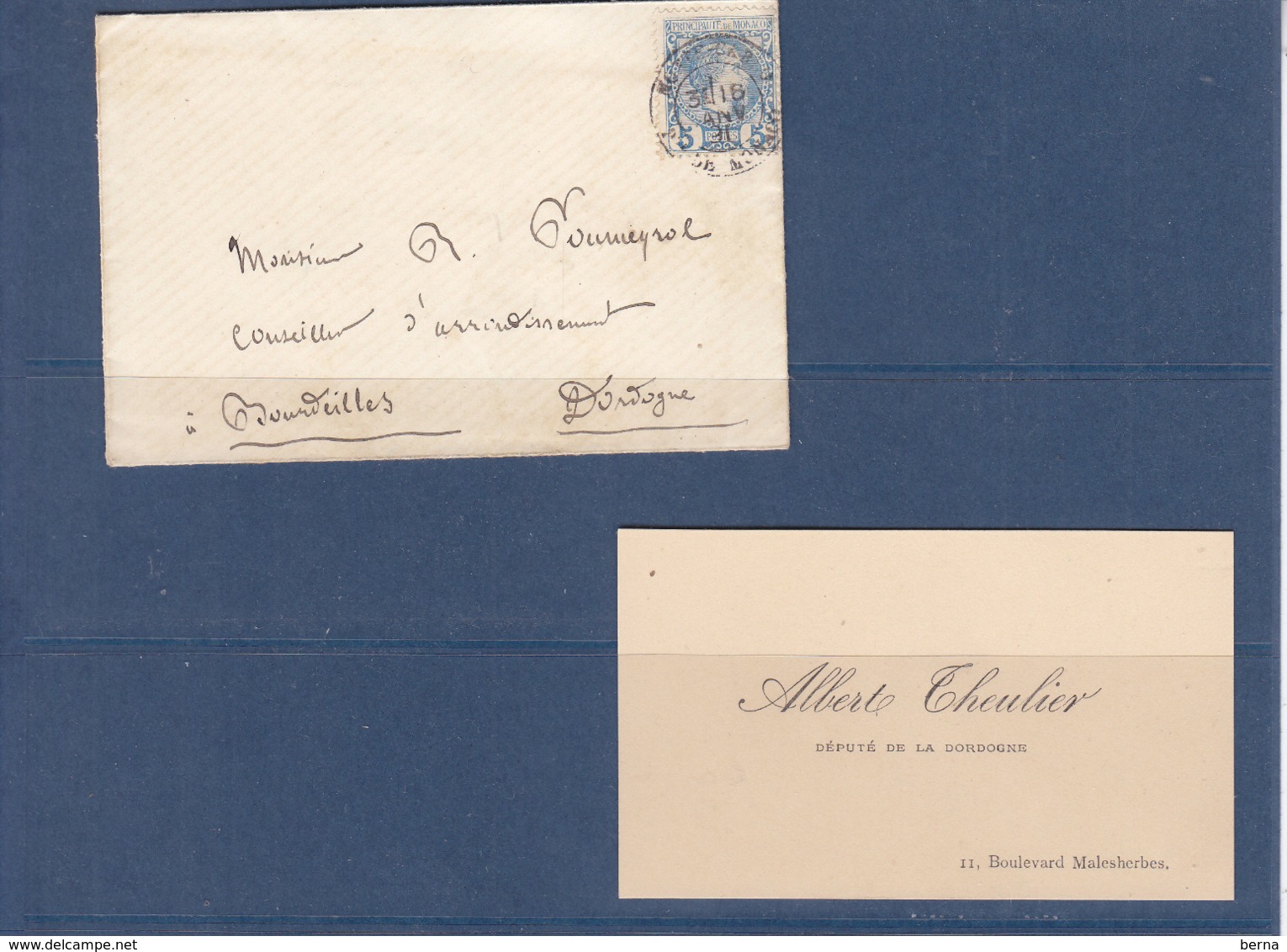 MONACO 3 SEUL SUR LETTRE AVEC LA CARTE DE VISITE D'ALBERT THEULIER DEPUTE DORDOGNE - Briefe U. Dokumente