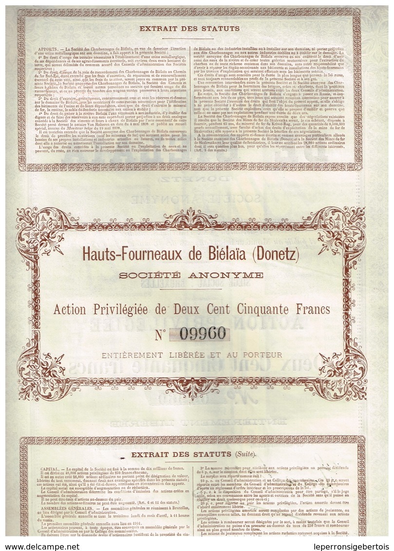 Ancienne Action - Hauts-Fourneaux De Biélaïa (Donetz) - Titre De 1899 - Titre N° 09.961 - Russland