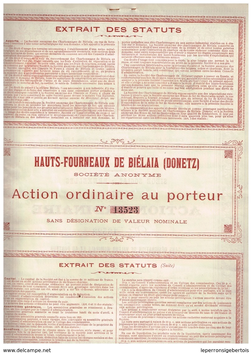 Lot de 3 titres: 1 Charbonnages de Biélaïa 1895 -  2 Hauts Fourneaux de Bélaïa (action ordinaire et privilégiée) 1899