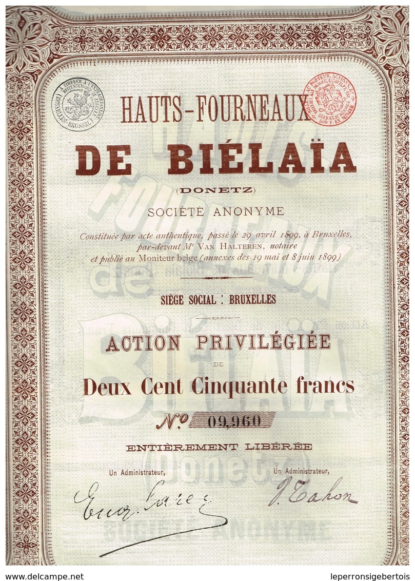 Lot de 3 titres: 1 Charbonnages de Biélaïa 1895 -  2 Hauts Fourneaux de Bélaïa (action ordinaire et privilégiée) 1899