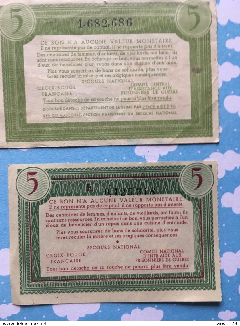 Lot De 2 Billets Differants De 5 Francs Marechal Petain Bon De Solidarité Croix Rouge - Autres & Non Classés