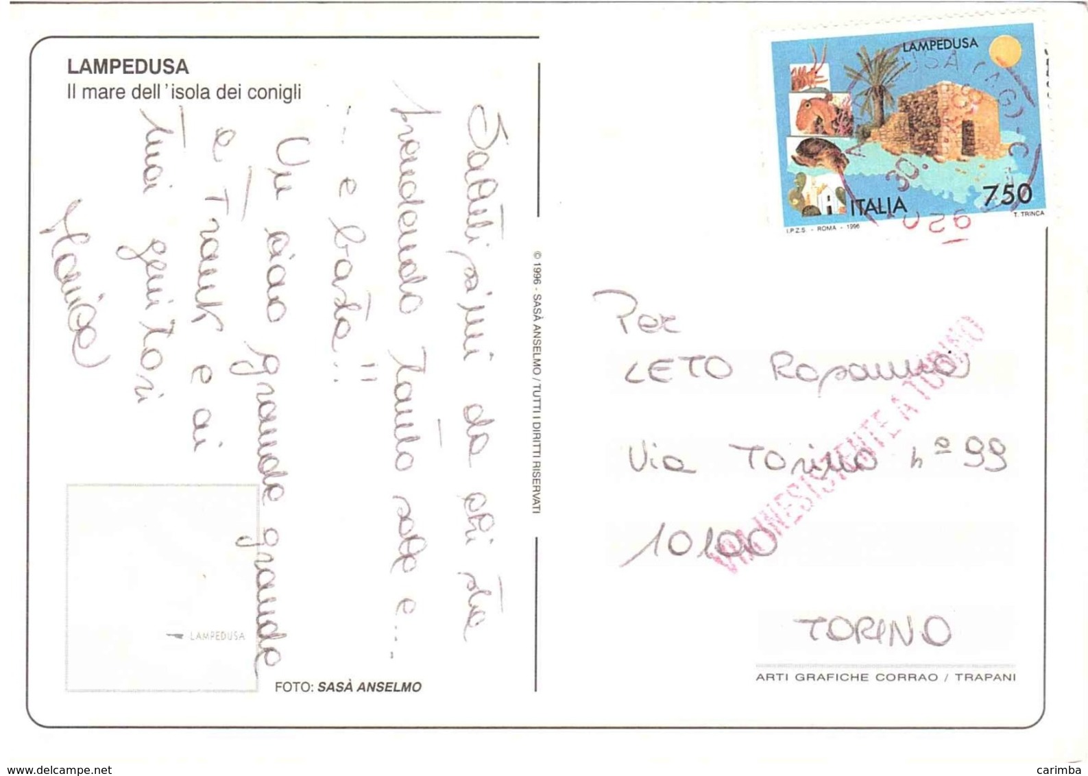 1996 £750 LAMPEDUSA SU CARTOLINA LAMPEDUSA ISOLA DEI CONIGLI - Agrigento