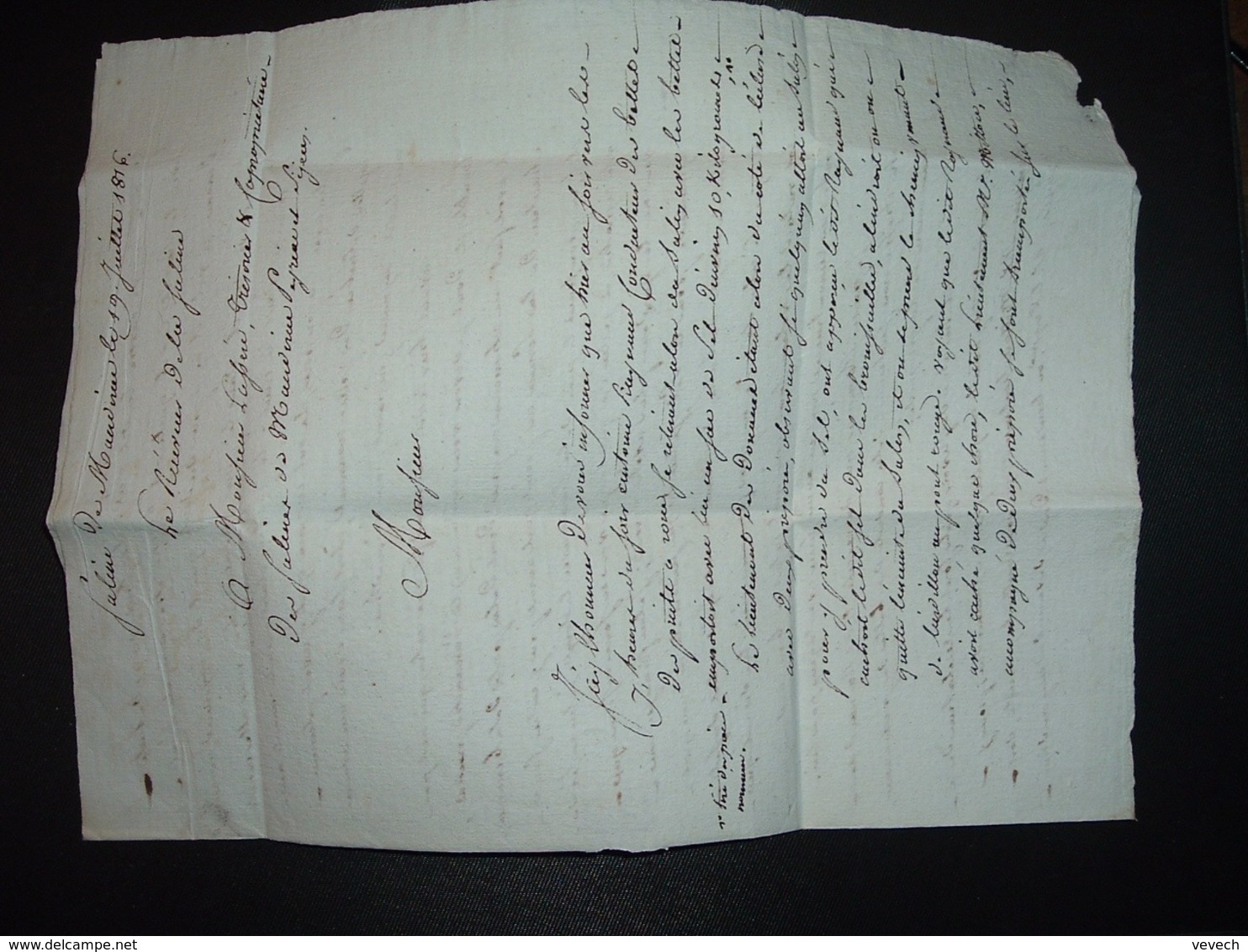 LETTRE (Pli Avec Correspondance Datée 19 Juillet 1816 Pour NARBONNE (11 AUDE) Requête Pour Vol De Sel - 1801-1848: Precursors XIX