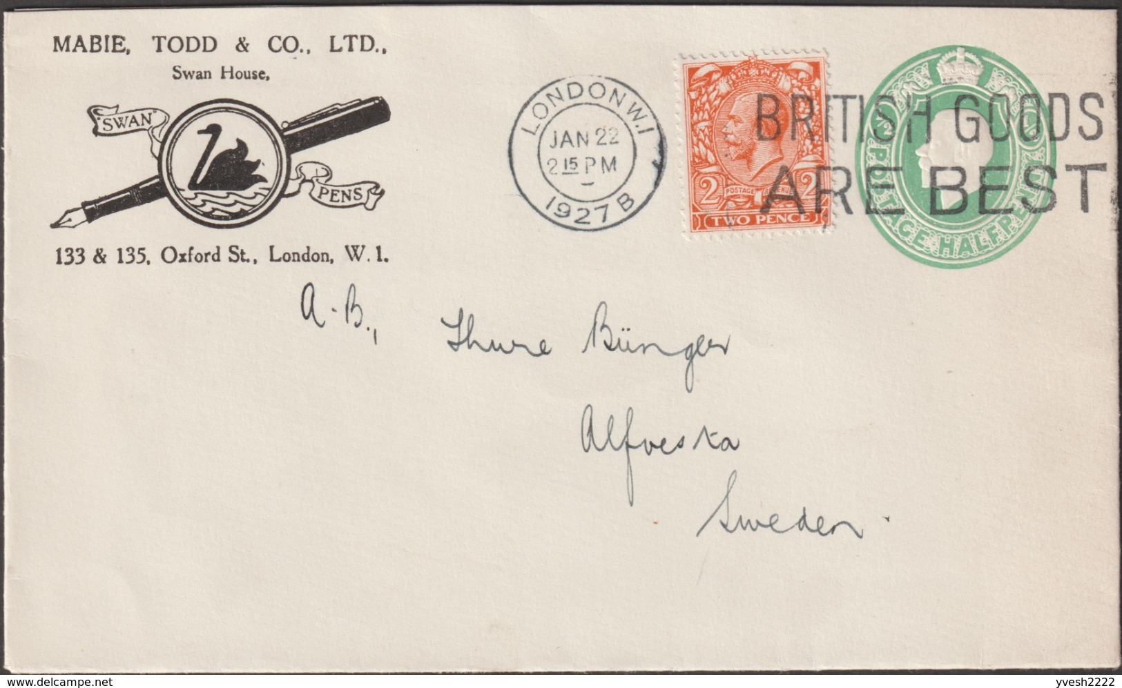 GB 1927. 2 Entiers Postaux Timbrés Sur Commande. Todd & Co Ltd, Stylos. Cygne - Swans