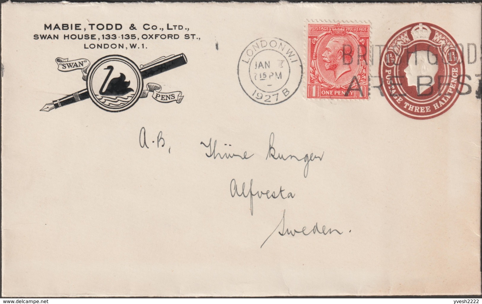 GB 1927. 2 Entiers Postaux Timbrés Sur Commande. Todd & Co Ltd, Stylos. Cygne - Swans