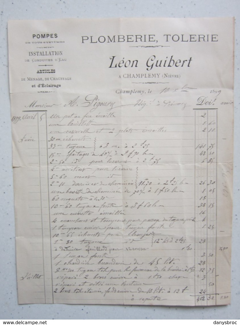 PLOMBERIE, TOLERIE - Léon GUIBERT à CHAMPLEMY (58) Le 10/10/1899 - Facture à Entête, Lettre Signée - Old Professions