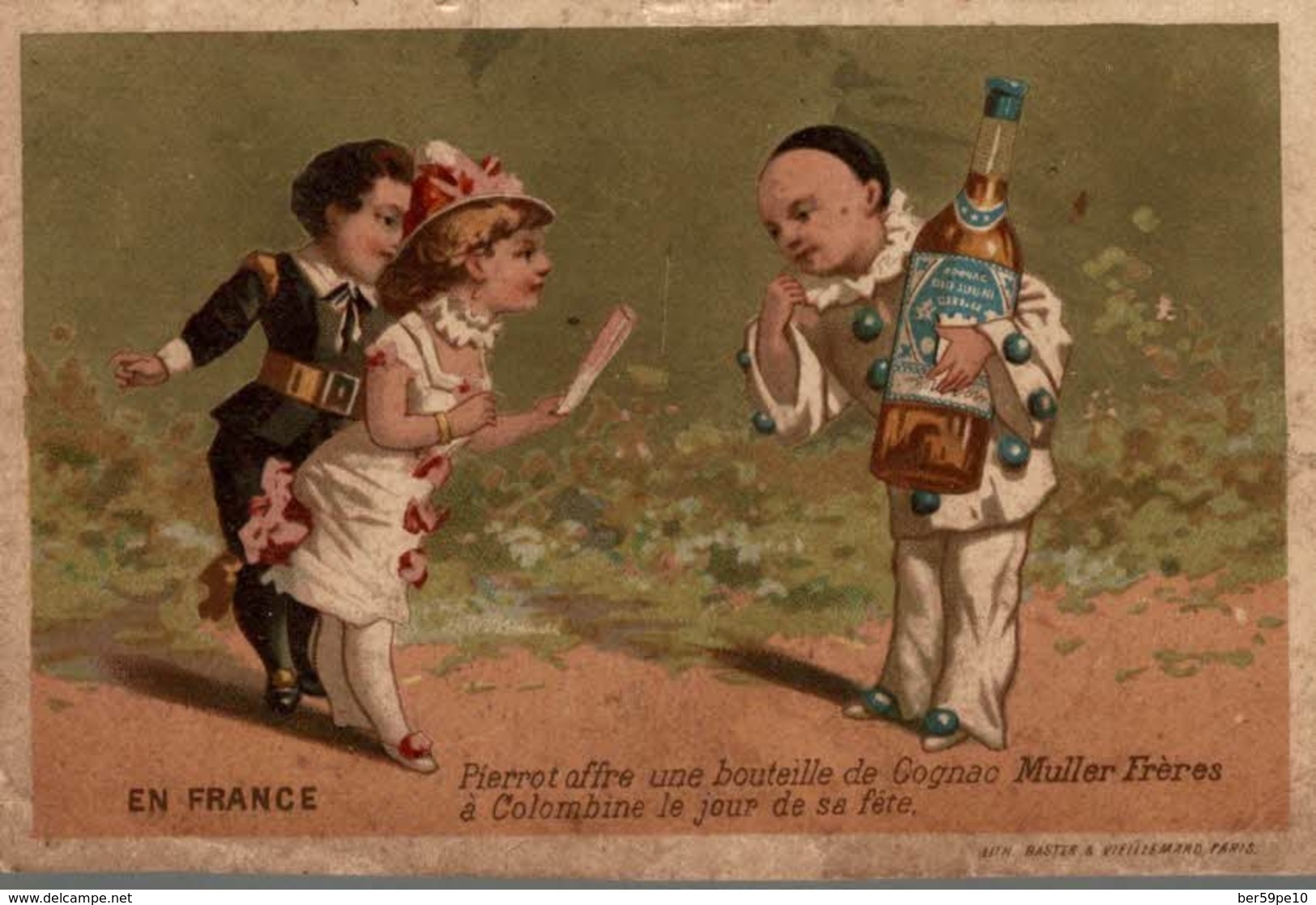 CHROMO COGNAC MULLER FRERES  EN FRANCE PIERROT OFFRE UNE BOUTEILLE DE COGNAC - Autres & Non Classés