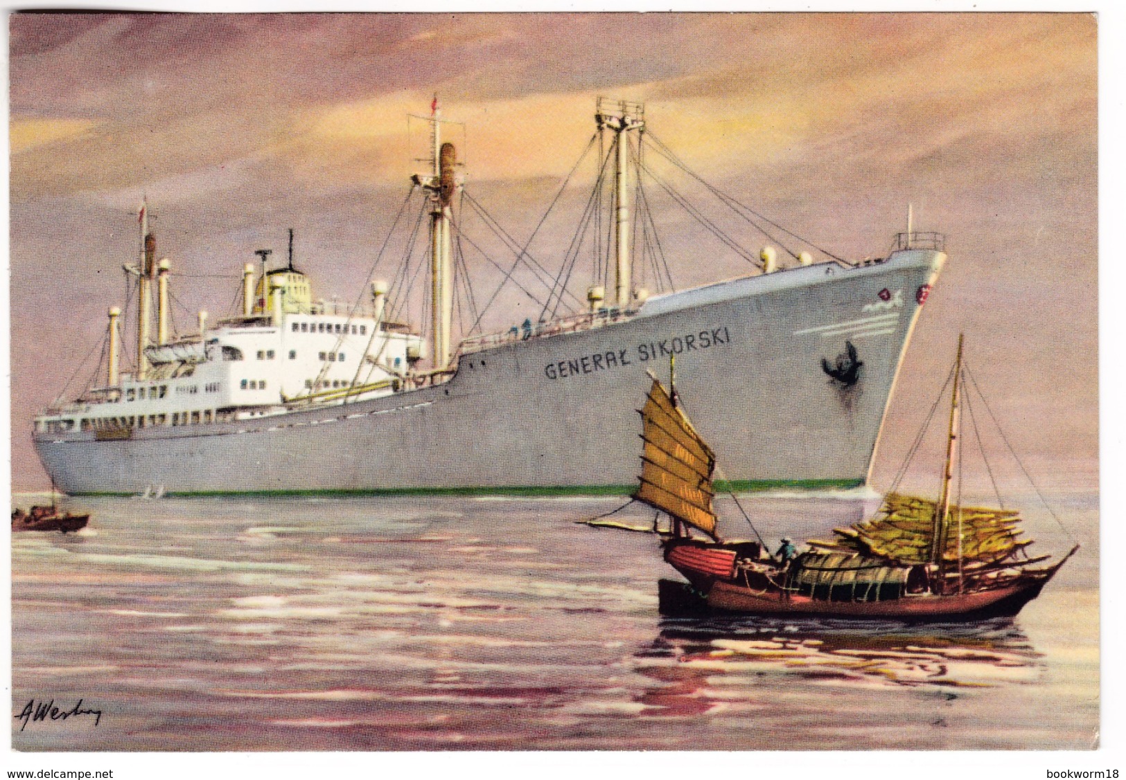 CP1157 Polish Ocean Lines M/s GENERAL SIKORSKI Ship Artist Signed Postcard - Comercio