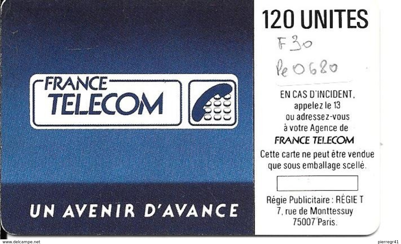 CARTE-PUBLIC-F30-120U-S O2-1988-N°Série Pe 0680-SOLEIL BLEU-UTILISE-TBE - 1988