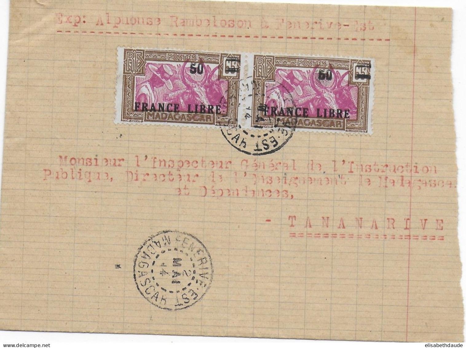 MADAGASCAR - 1944 - FRANCE LIBRE - ENVELOPPE FABRICATION ARTISANALE FEUILLE ECOLIER ! De FENERIVE EST - Briefe U. Dokumente