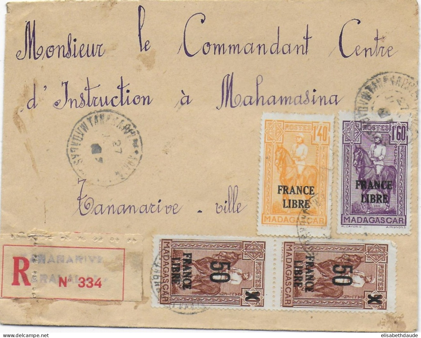 MADAGASCAR - 1943 - FRANCE LIBRE - ENVELOPPE RECOMMANDEE LOCALE De TANANARIVE - Briefe U. Dokumente