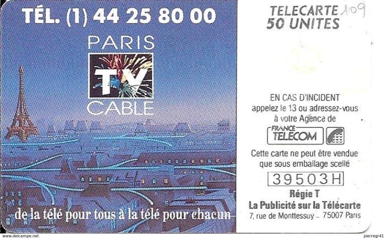 CARTE-PUBLIC-F109-50U-GEMA-1990-RESEAU  CABLE DE PARIS-Série N° 39503H -UTILISE-TBE - 1990
