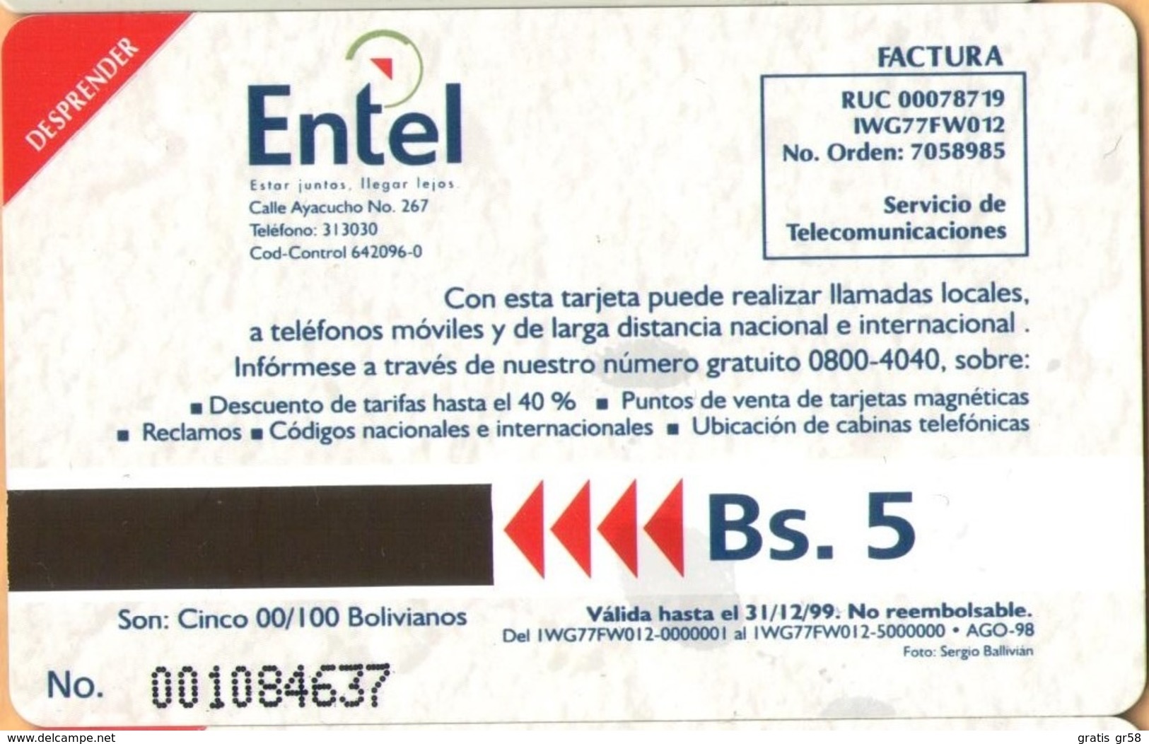 Bolivia - BO-ENTEL-032, Urmet, Chinkana Isla Del Sol,  Ruins Of Ancient Towns, 5 Bs., 8/98, Mint - Bolivie