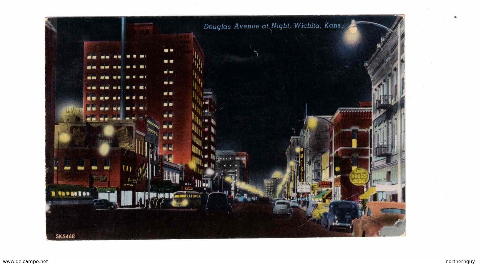 WICHITA, Kansas, USA, Douglas Avenue At Night, Stores, 1956 Chrome Postcard - Wichita