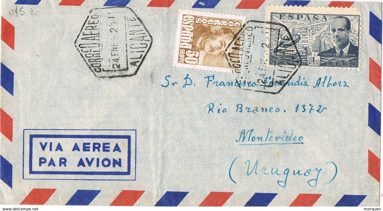 34260. Carta Aerea VILLAFRANQUEZA (Alicante) 1952 A Uruguay - Cartas & Documentos