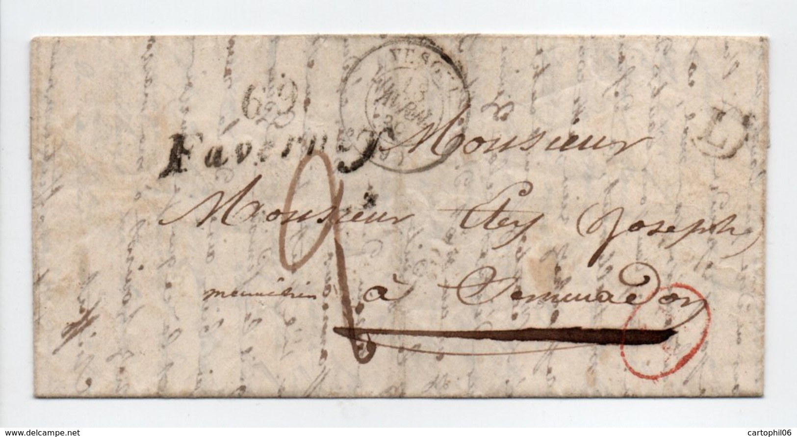 - Cursive FAVERNEY Pour VESOUL (Haute-Saône) 17 AVRIL 1839 - Taxe Manuscrite 2 Décimes - Boite Rurale MEURCOURT - - 1801-1848: Precursors XIX