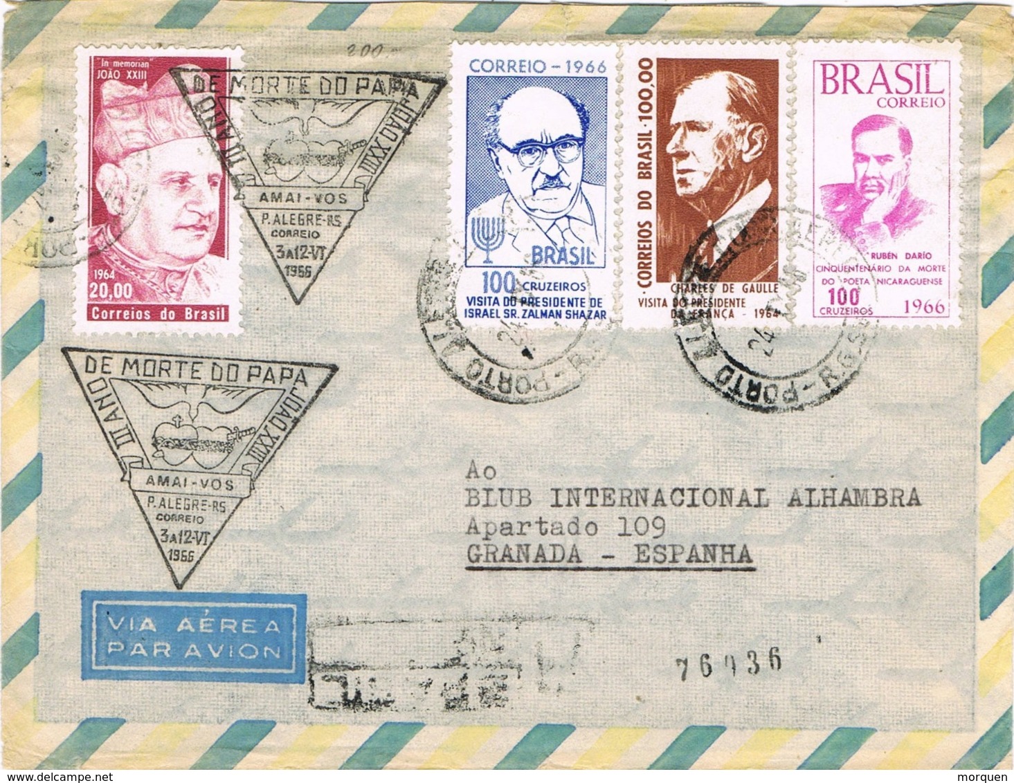 34263. Carta Certificada Aerea PORTO ALEGRE (Brasil) 1966 A Granada (españa). Carteria. Morte Do PAPA - Cartas & Documentos