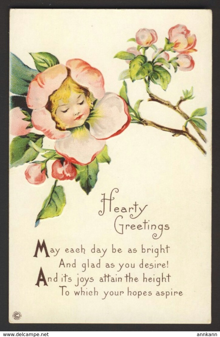 Flower Face Child - Pink Cherry? Blossom - Hearty Greetings - Poem Embossed - Other & Unclassified