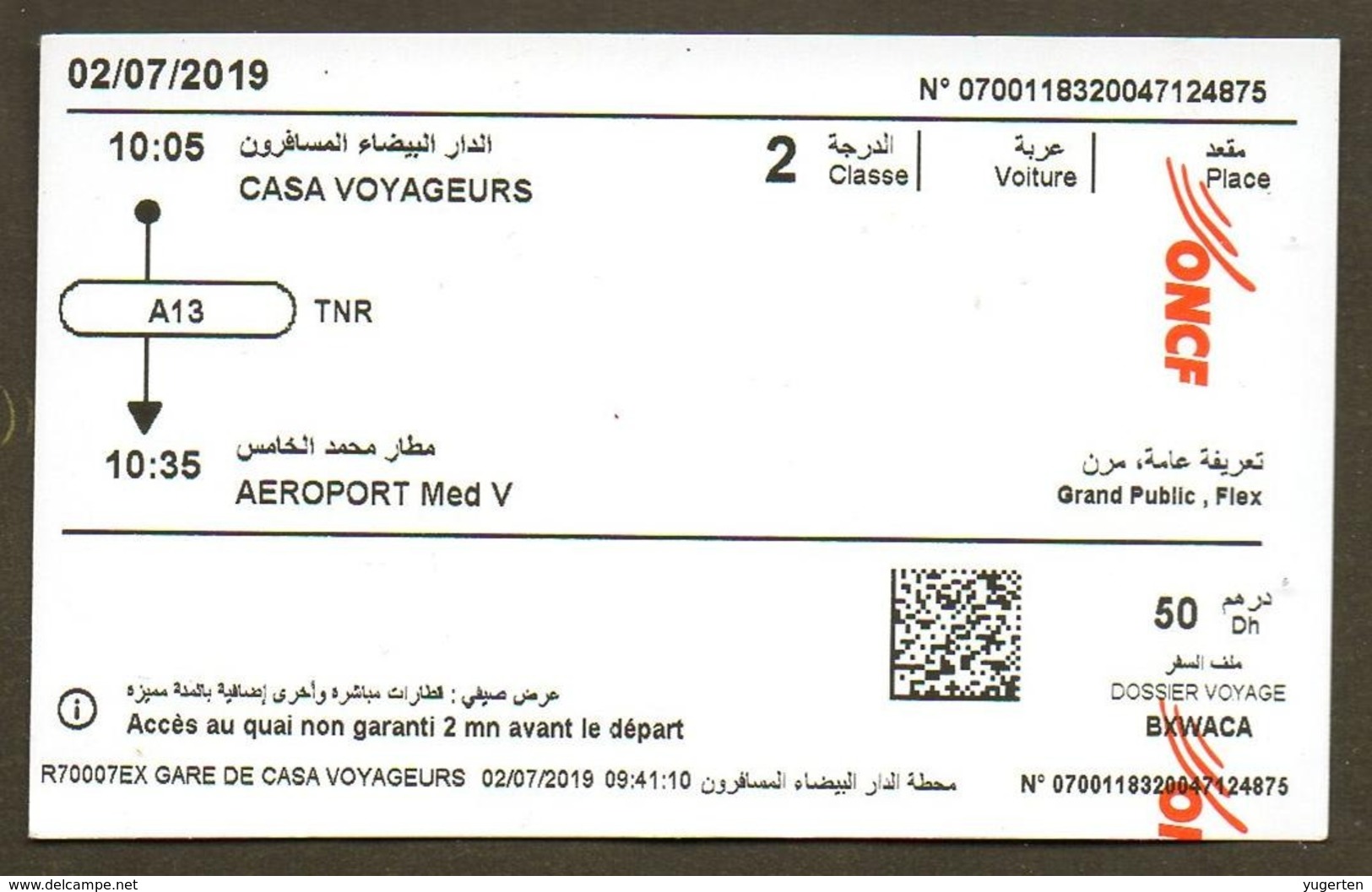 Morocco Ticket Billet  Railway Office National Des Chemins De Fer Train Tren Eisenbahn Zug Tickets - Welt