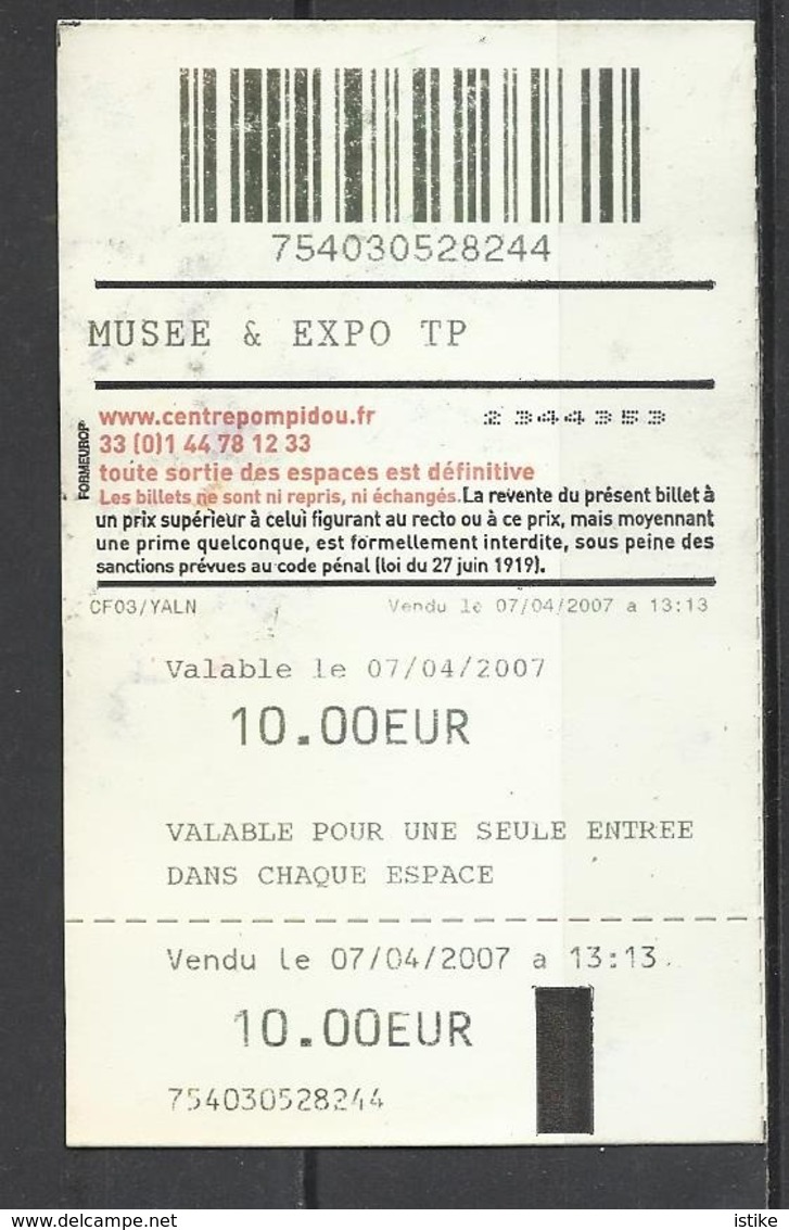 France, "Centre Pompidou", 2007. - Tickets - Vouchers