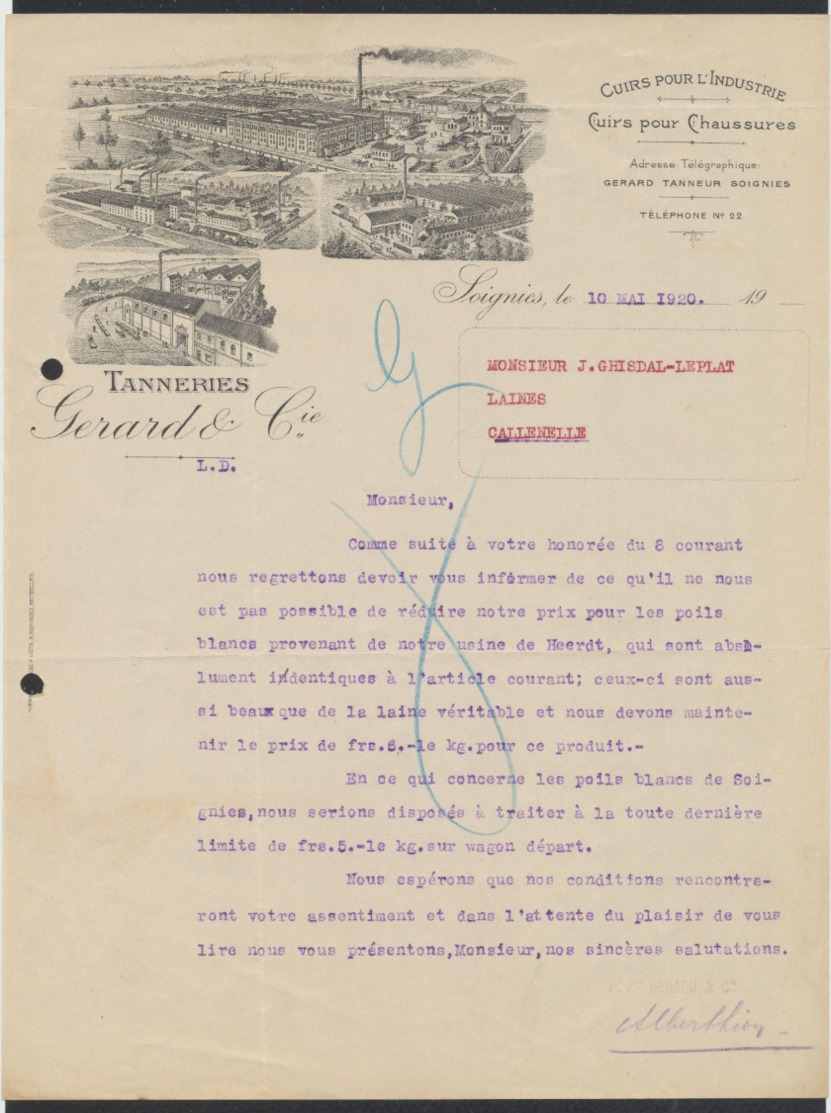 Belgique - Facture Illustrée De Soignies (1920) : Tanneries Gerard & Cie / écrite. - 1900 – 1949
