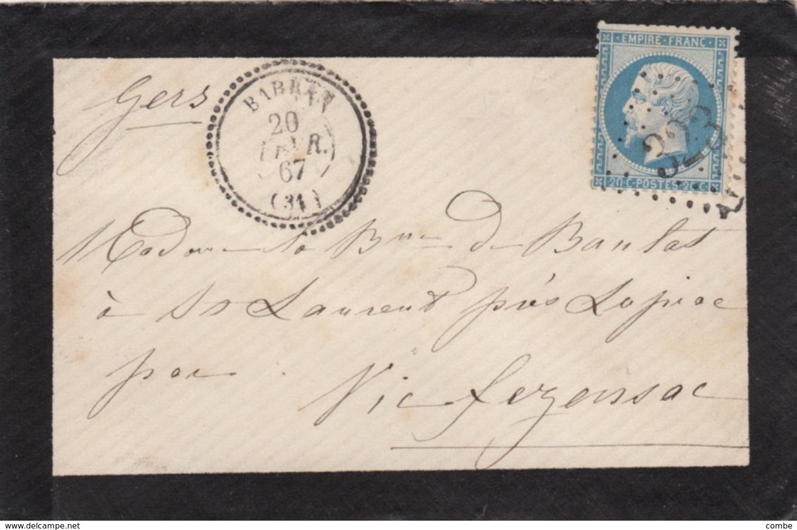 LETTRE DEUIL. 20 FEVR 67. N° 22. GERS. PERLÉ T22 BARRAN. GC 323. POUR VIC FEZENAC / 2576 - 1849-1876: Classic Period