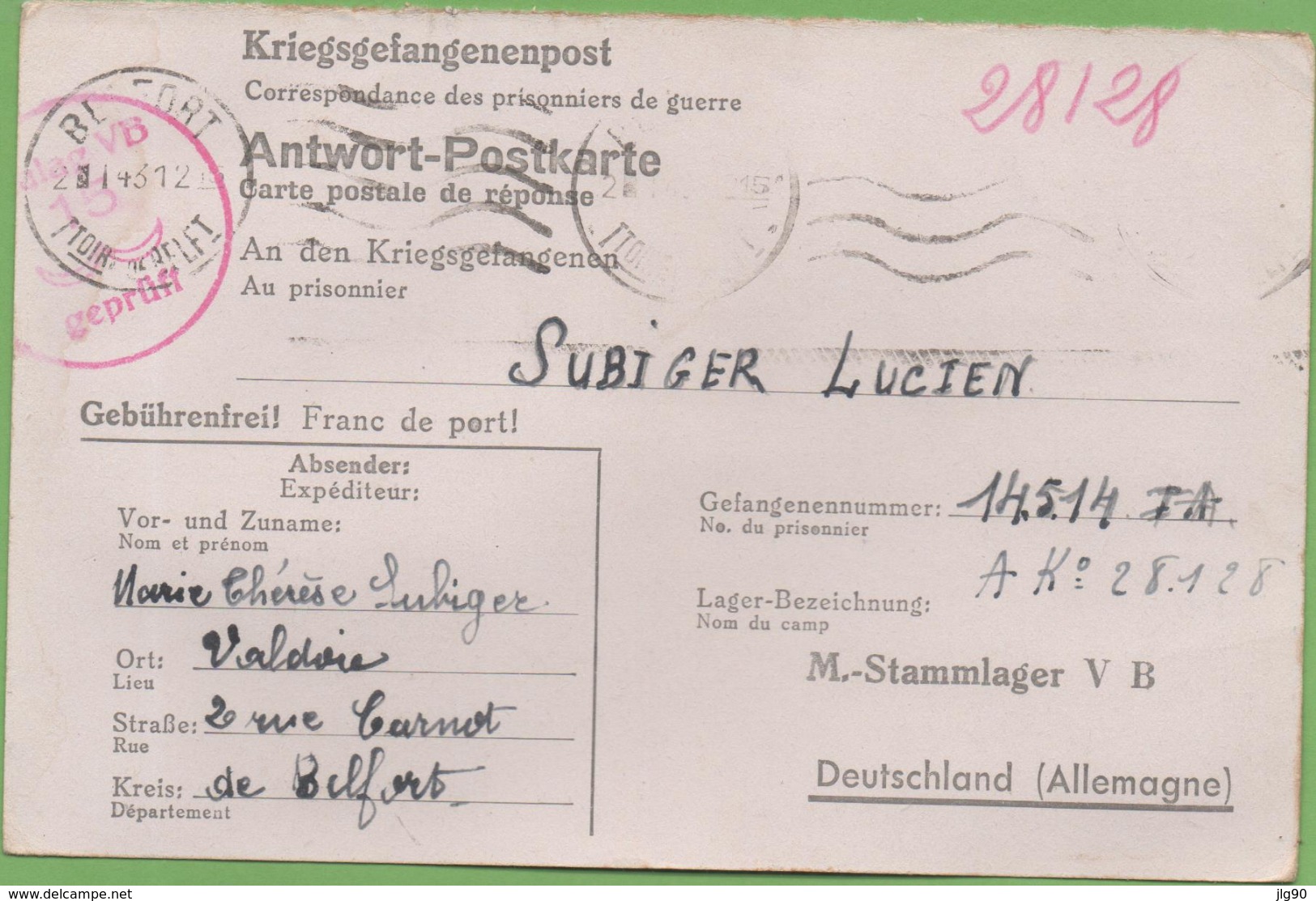 Carte Pour Prisonnier De Guerre D'une Enfant (ravie D'avoir Vue Le Maréchal à Vichy) De Valdoie à Stalag VB 2/01/43 - 2. Weltkrieg 1939-1945