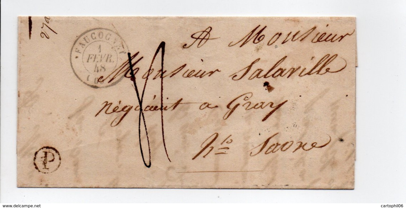 - Boite Rurale CORRAVILLERS Via FAUCOGNEY Pour GRAY Via VESOUL (Haute-Saône) 30 JANV 1848 - Taxe Manuscrite 4 Décimes - - 1801-1848: Precursors XIX