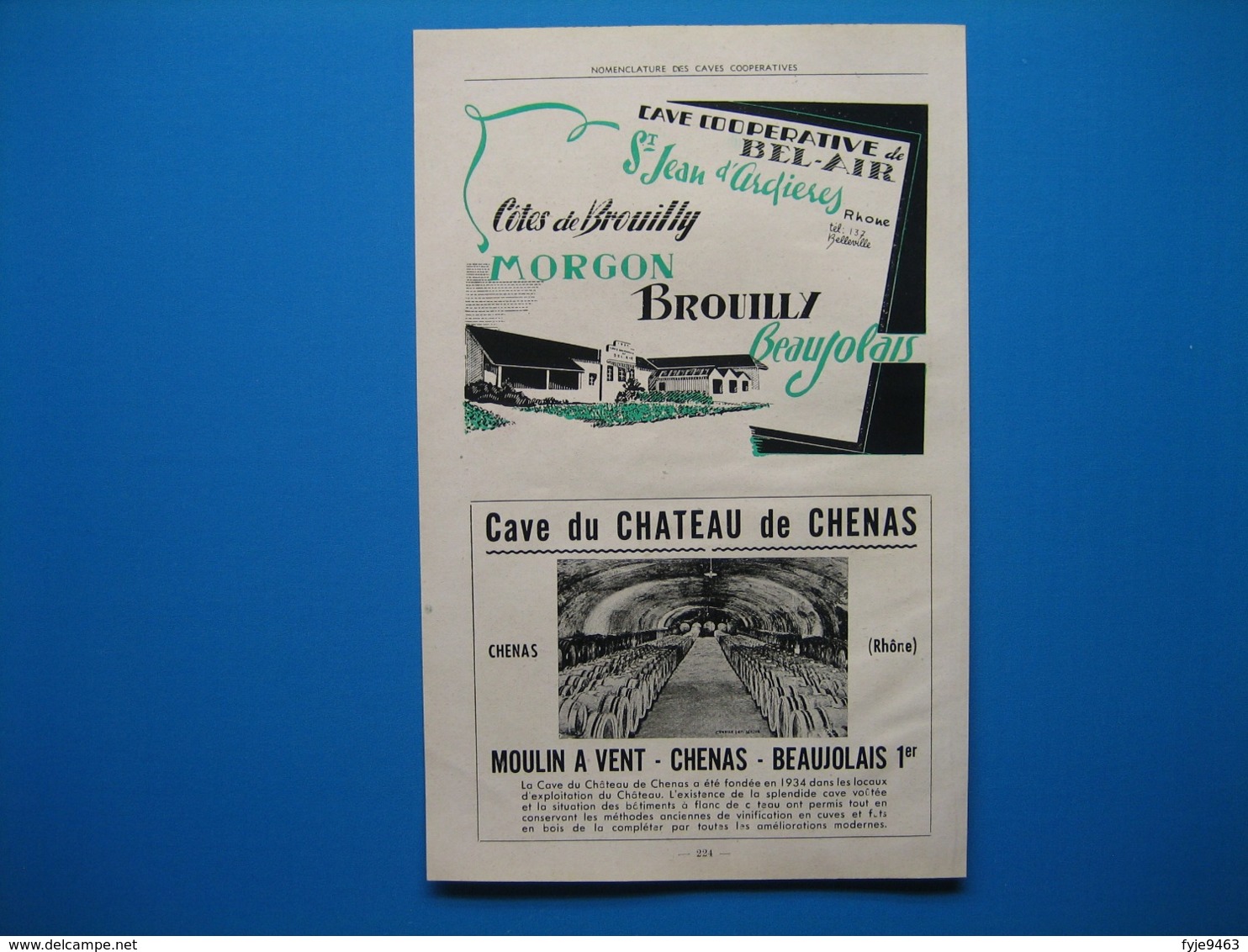 (1947) Coopérative De BEL-AIR à St JEAN D'ARDIÈRES (Rhône) - Cave Du Château De CHENAS - Carte Coopératives Du Rhône - Pubblicitari