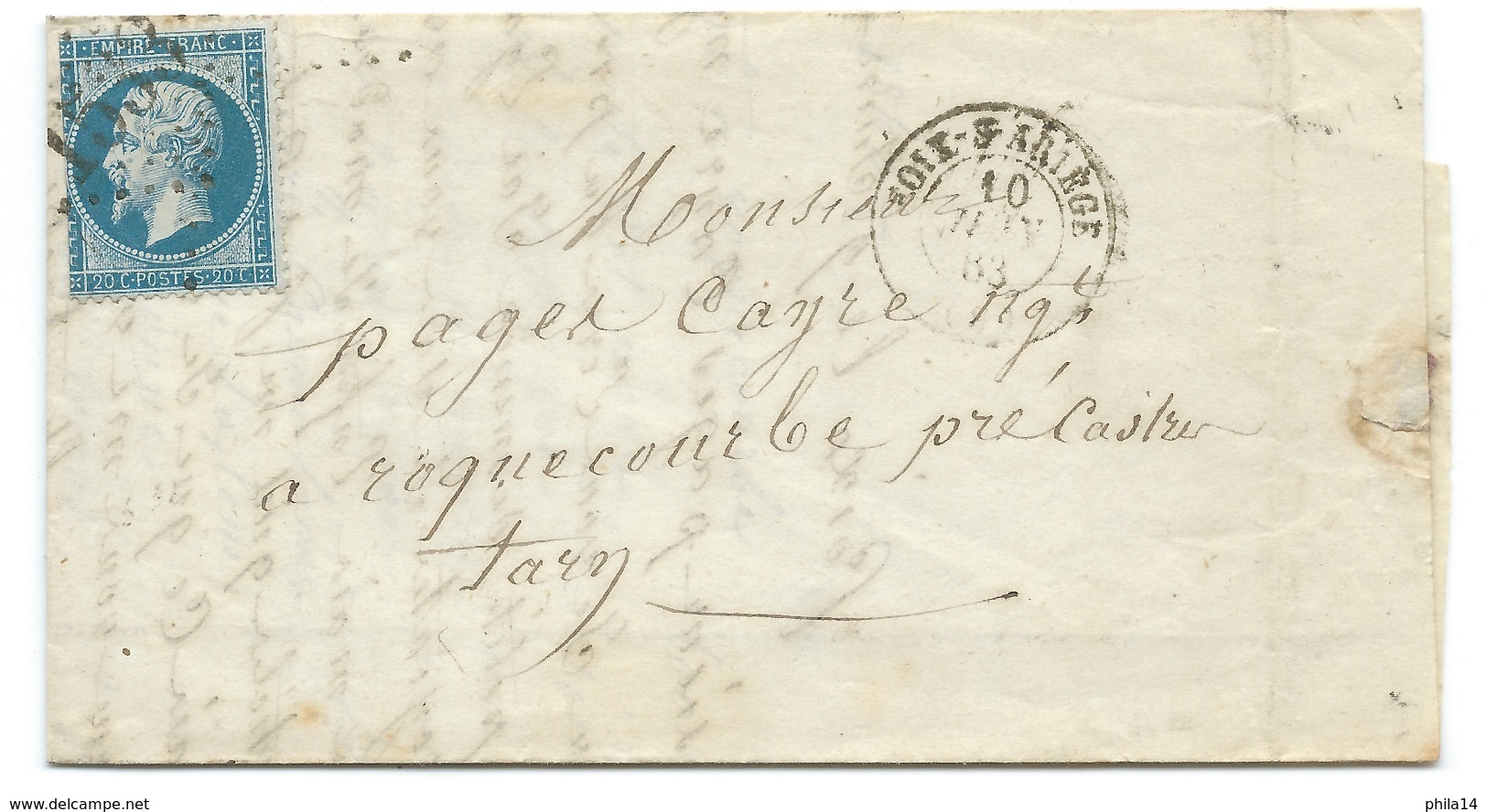 N° 22 BLEU NAPOLEON SUR LETTRE / FOIX SUR ARIEGE POUR ROQUECOURBE / 1863 - 1849-1876: Classic Period