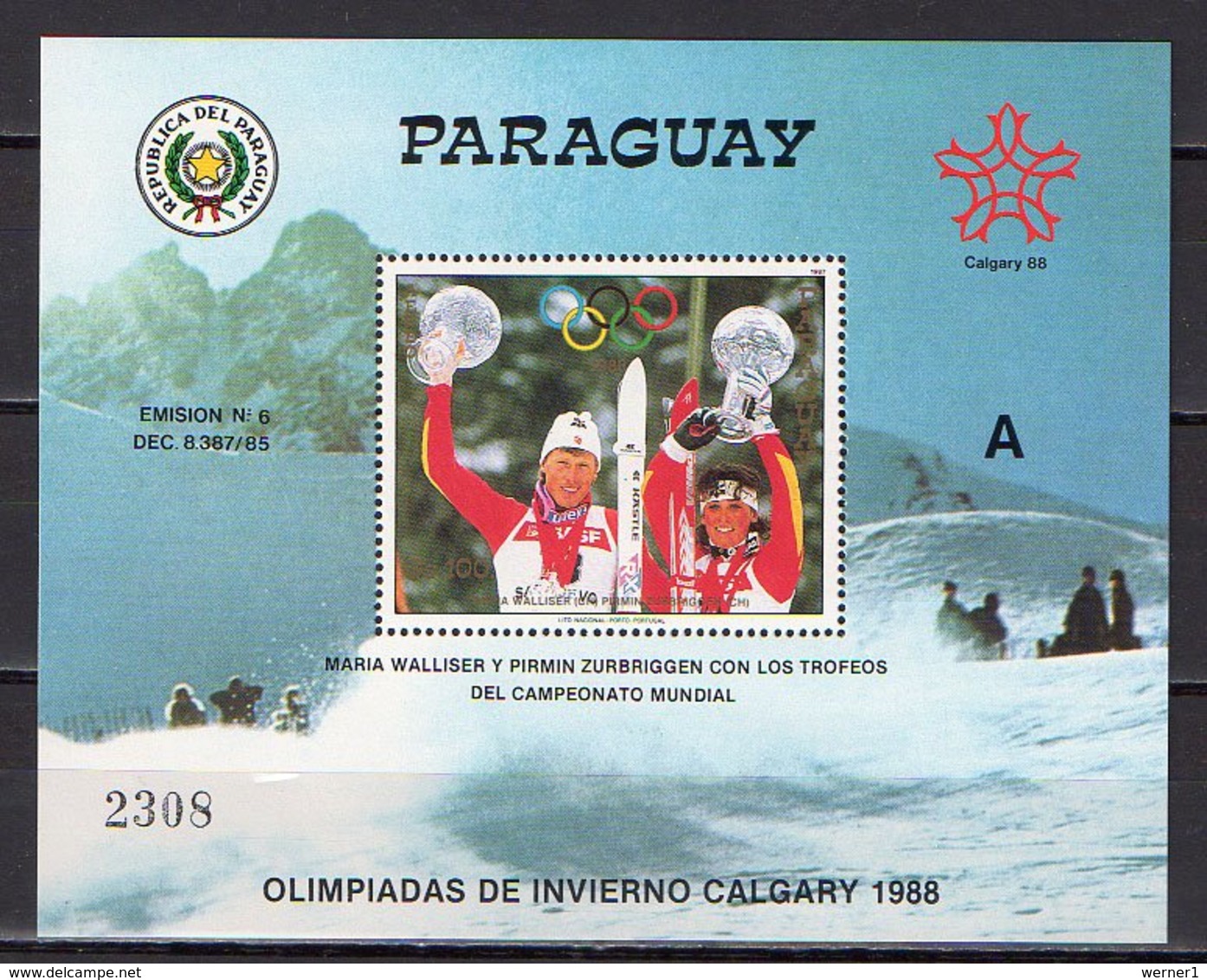 Paraguay 1987 Olympic Games Calgary S/s "A" Number MNH - Winter 1988: Calgary