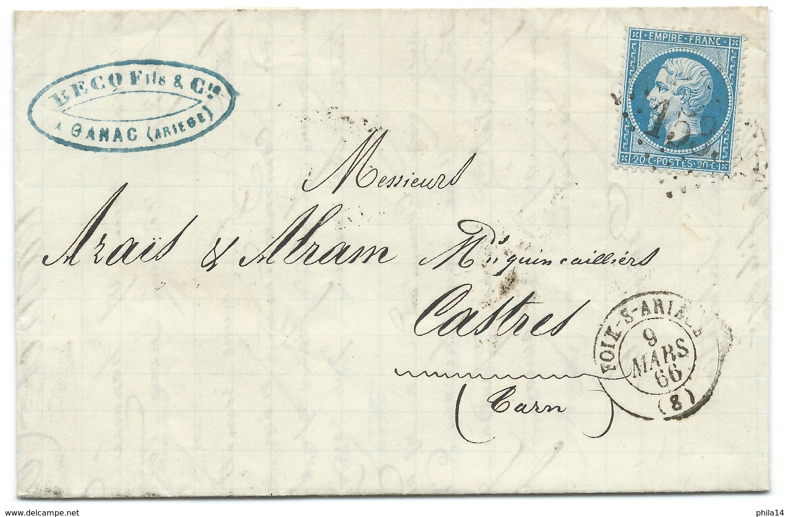 N° 22 BLEU NAPOLEON SUR LETTRE / FOIX SUR ARIEGE POUR CASTRES / 1866 - 1849-1876: Classic Period