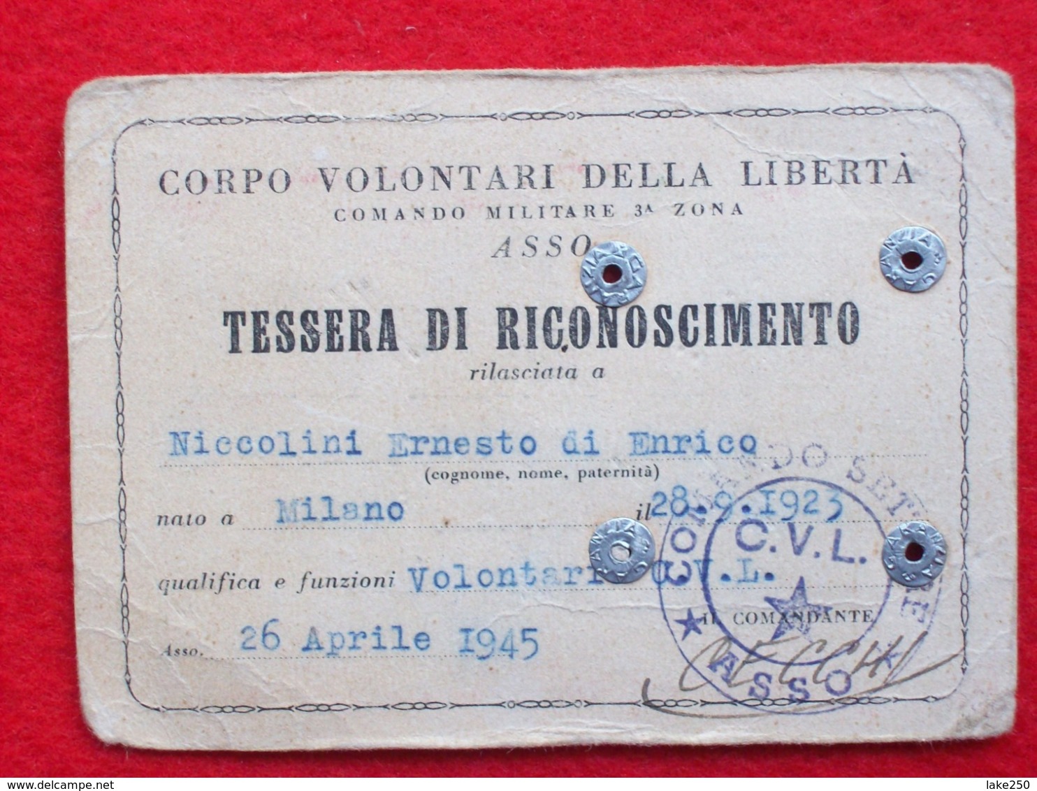 TESSERA DI RICONOSCIMENTO CORPO VOLONTARI DELLA LIBERTA' Di ASSO 1945 - Documenti