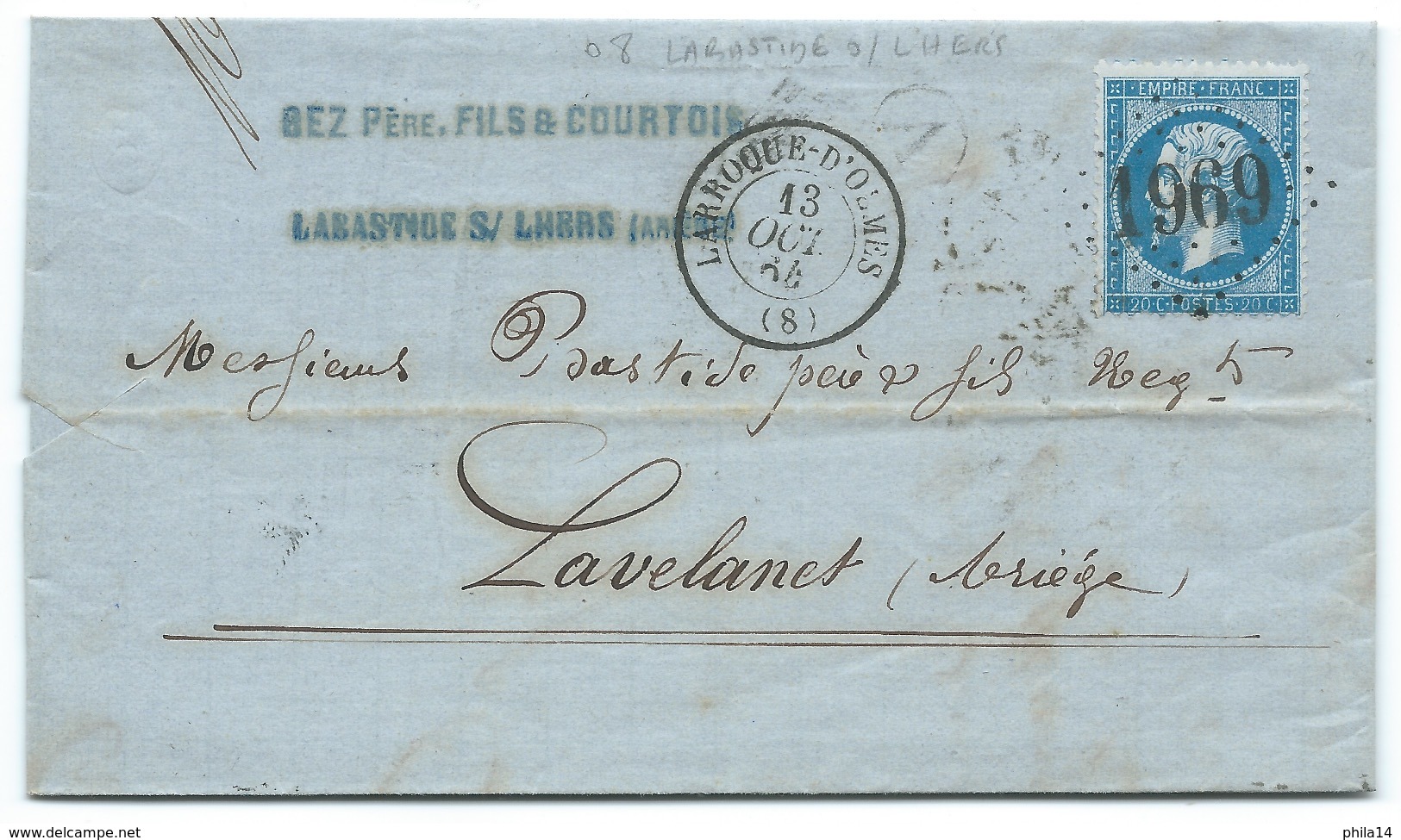 N° 22 BLEU NAPOLEON SUR LETTRE / LARROQUE D'OLMES ARIEGE POUR LAVELANET / 1864 - 1849-1876: Classic Period