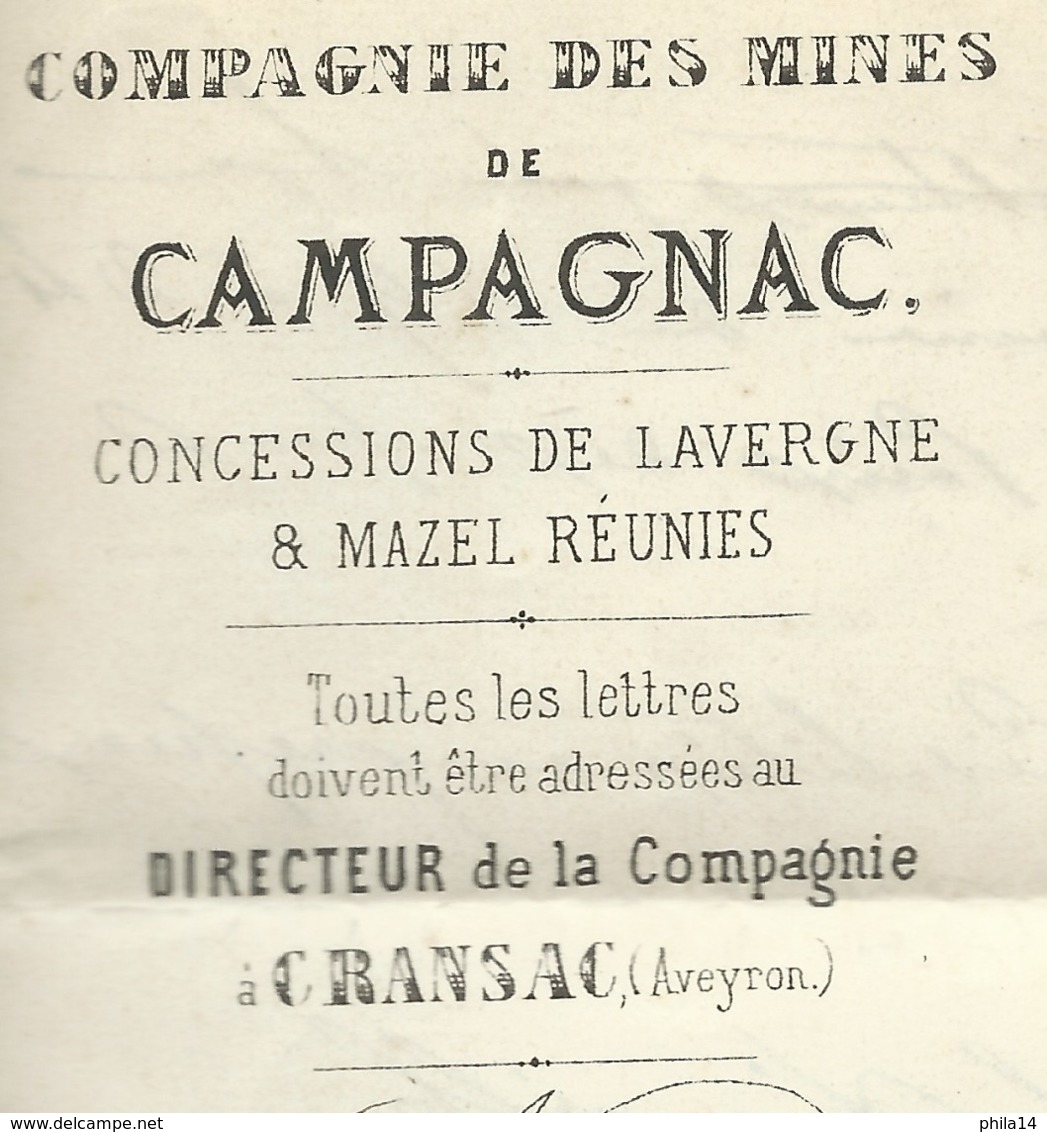 N° 22 BLEU NAPOLEON SUR LETTRE / CRANSAC POUR CARCASSONNE / 1866 / COMPAGNIE DES MINES DE CAMPAGNAC - 1849-1876: Période Classique